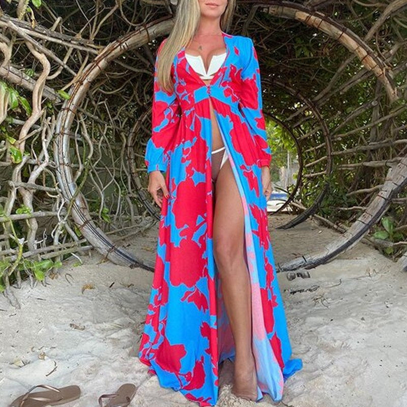 2024 Women Deep V Neck Print Cover-ups Summer Beach Wear Sexy Elegant Female Summer Strap Dress Casual