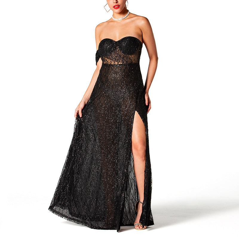Black sequin dress high-end light luxury strapless party slit dress