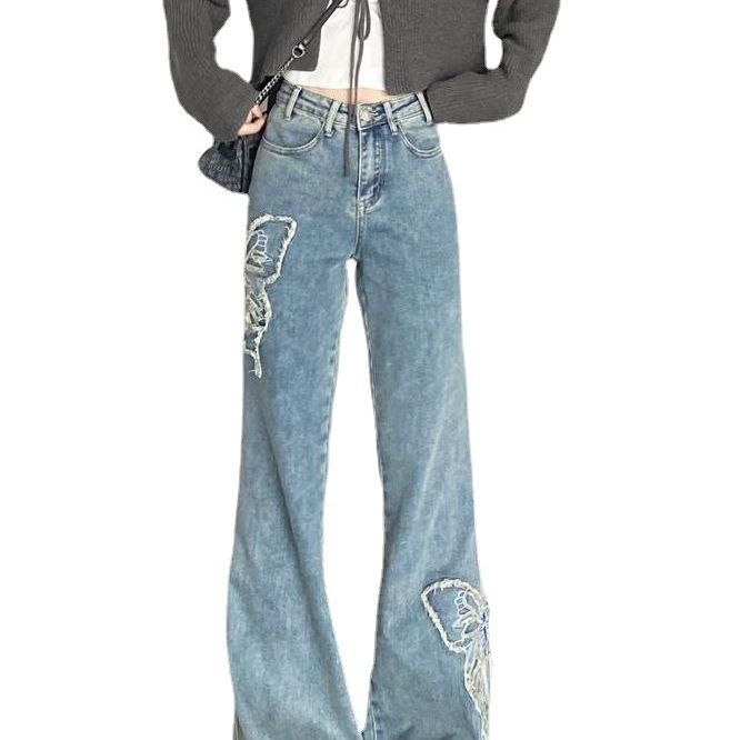 Vintage micro cut jeans, embroidery butterfly high waist slimming straight leg