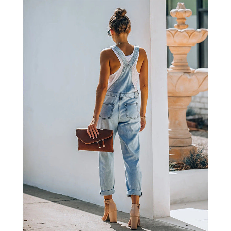 Cross-border European style women denim jumpsuit light color