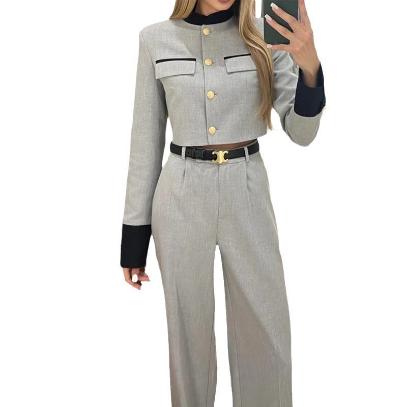 Color contrast elegant wide leg trouser two piece suit
