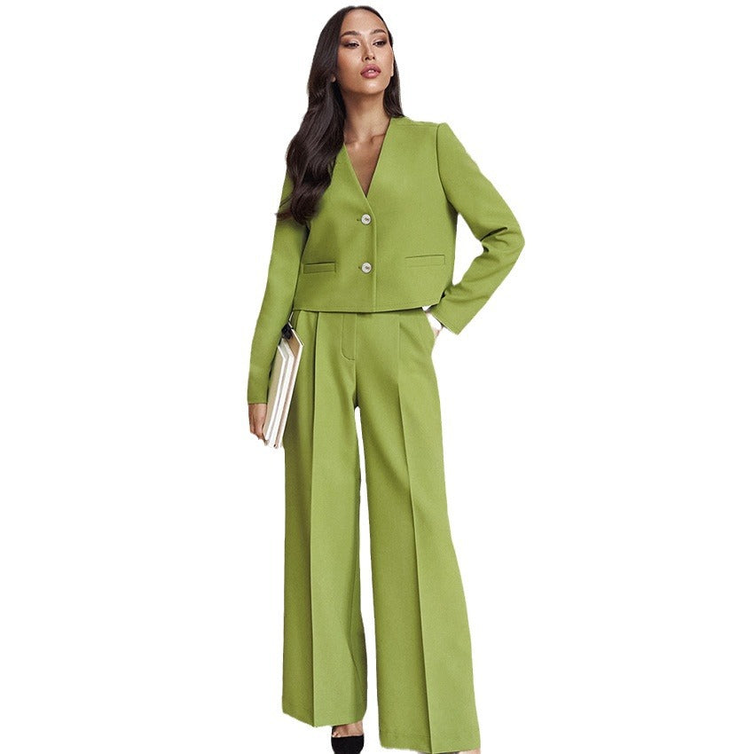 Green V-neck commuter casual women's suit New fall fashion women's two-piece set