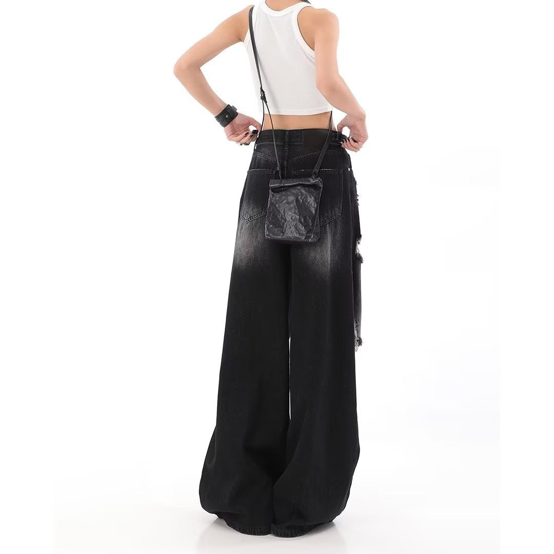Black ripped jeans straight floor-length wide-leg
