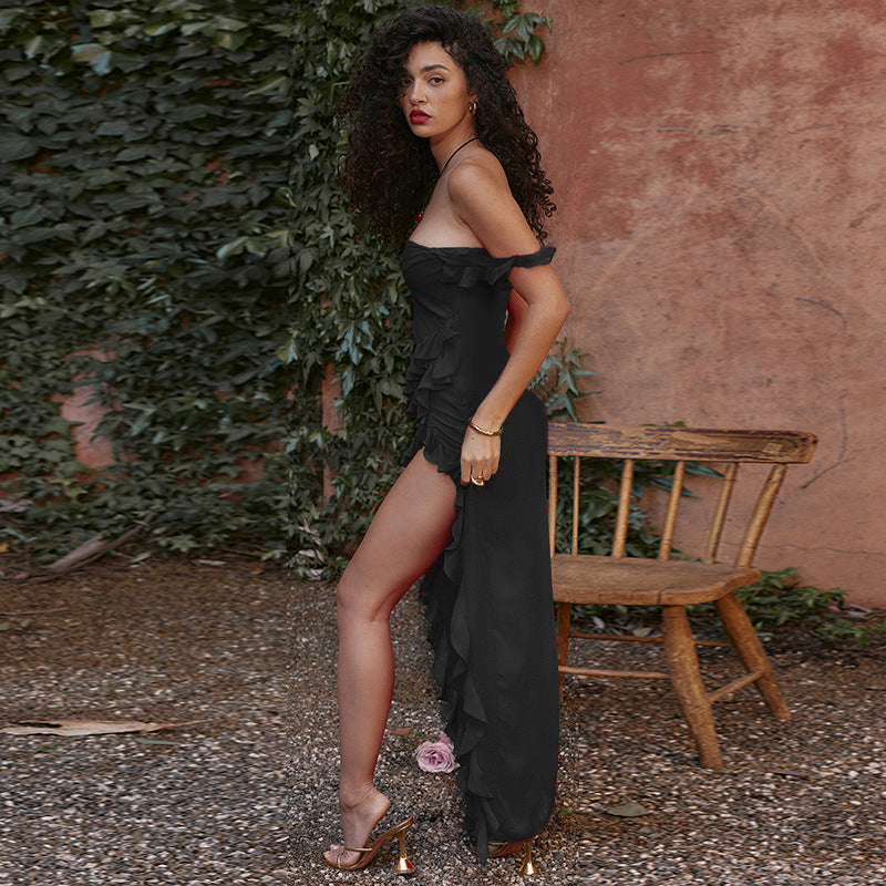 Spring new fashion Hottie slim high split ribbon sexy halter dress woman