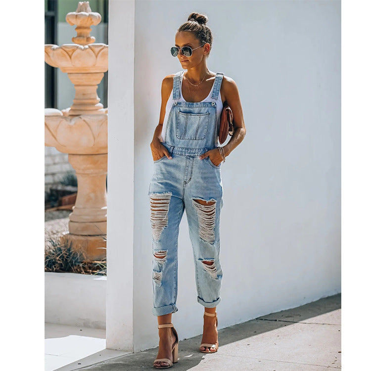 Cross-border European style women denim jumpsuit light color