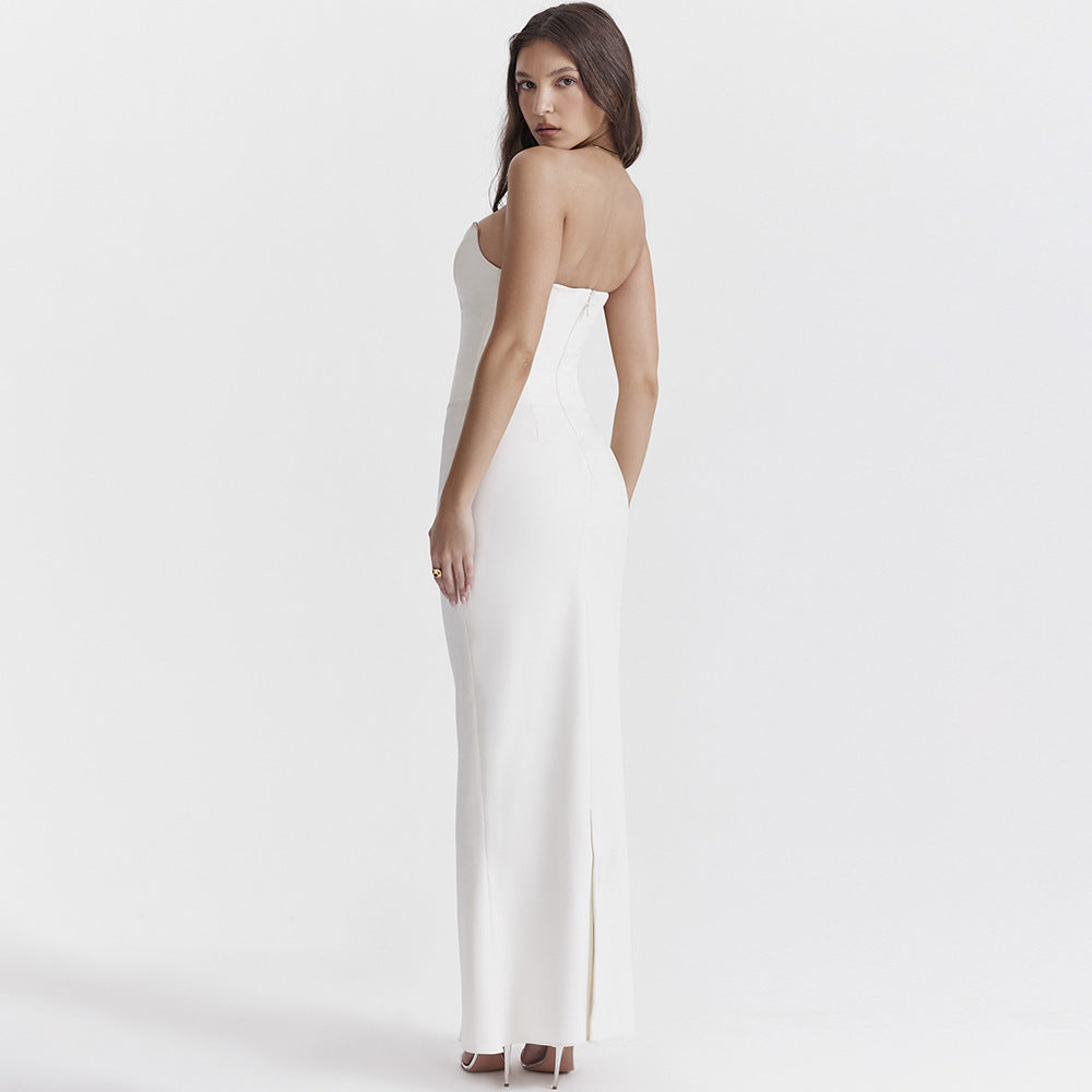 Sexy V-neck fishbone strapless backless dress Elegant slim evening gown white dress