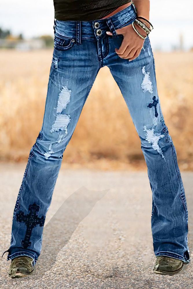 Rocker chick jeans Cross Embroidery Ripped Low Rise Bootcut Jeans