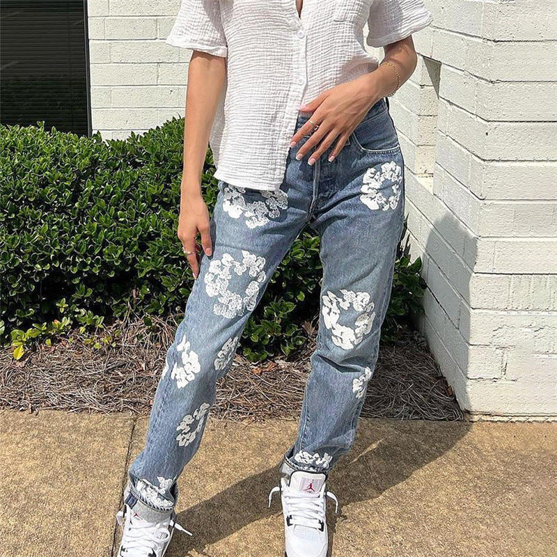 Spring women's new street fashion with Daisy print high-waisted straight-leg slim jeans