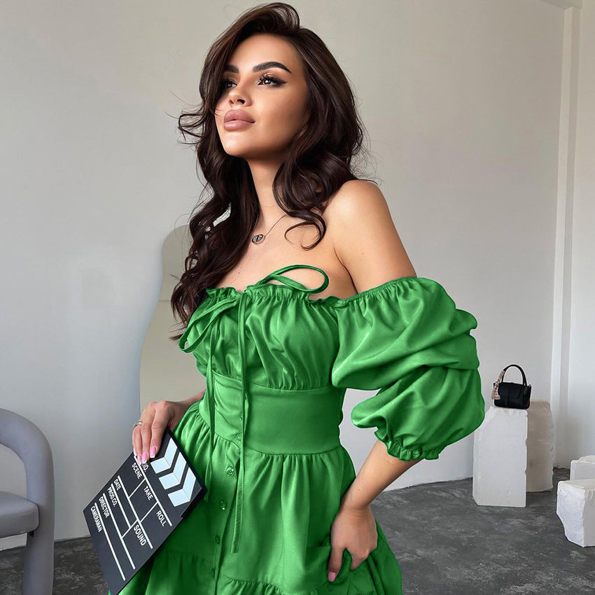 Halter-neck square collar bubble sleeve summer dress
