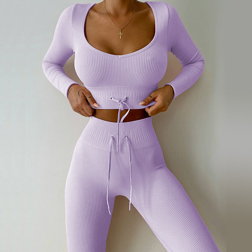 seamless knit long sleeve sports fitness set Outdoor waist strap yoga wear set