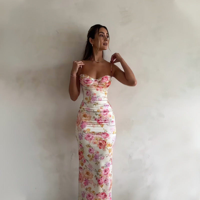 A vacation halter Dress with floral prints, a chest-showing dress, and a stylish long dress for women
