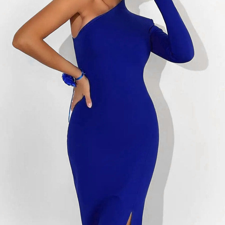 Black woolly knit high-waisted split sheath dress