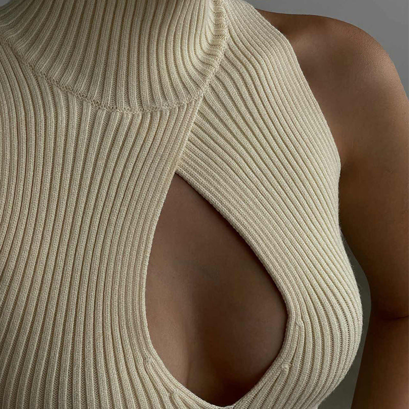 Women's autumn new high-neck sleeveless chest hollow design knitted fabric thread short