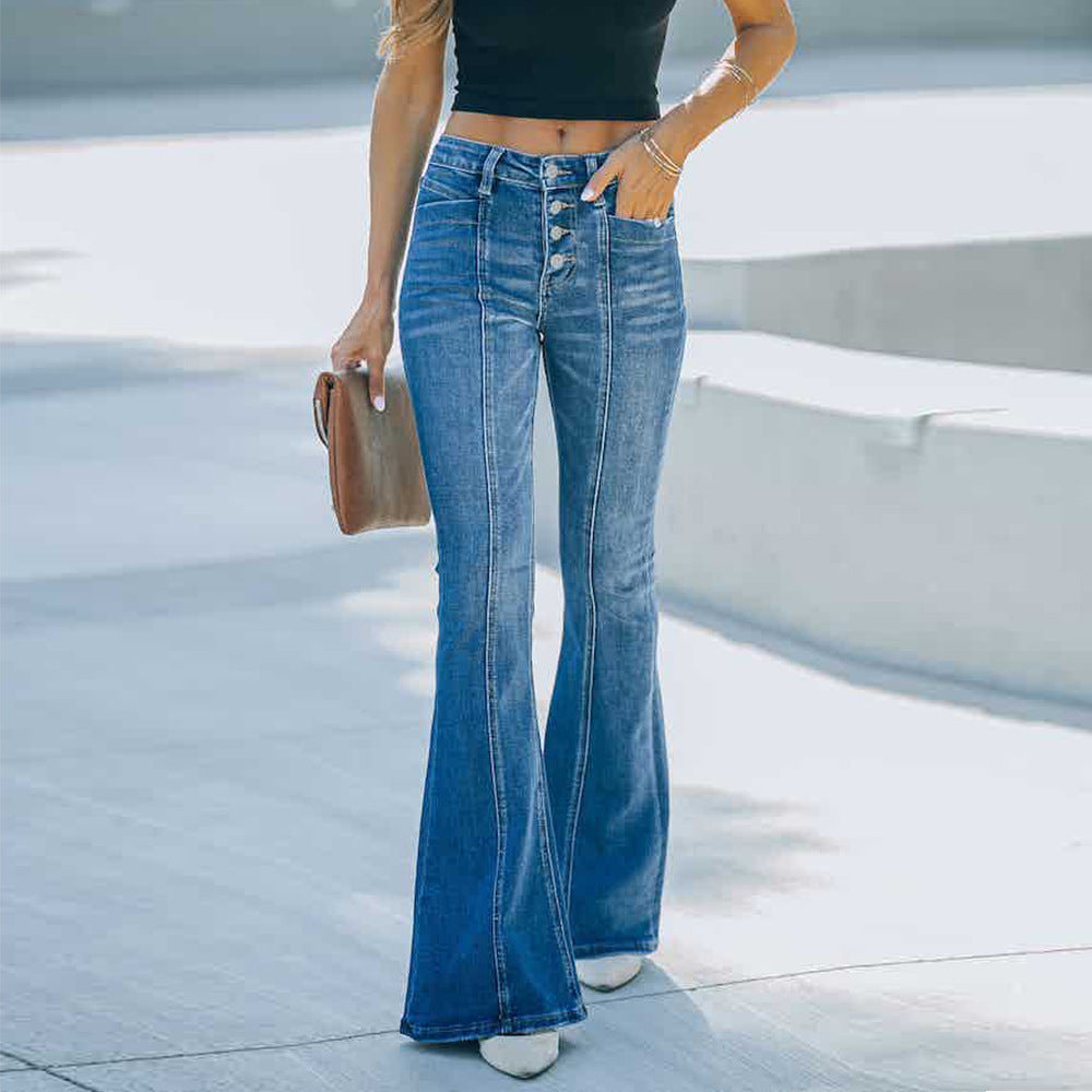 New stretch slim-fit patchwork flared denim pants woman