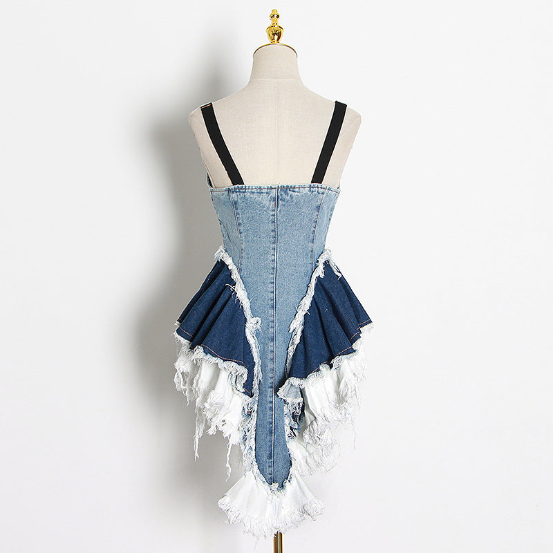 Spring new niche design sense color matching denim waist slimming waistcoat halter top