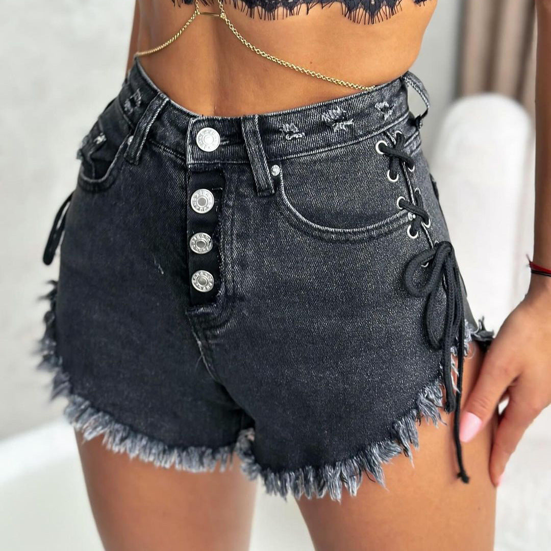 High-waisted lace-up design slim-fit, jeans shorts