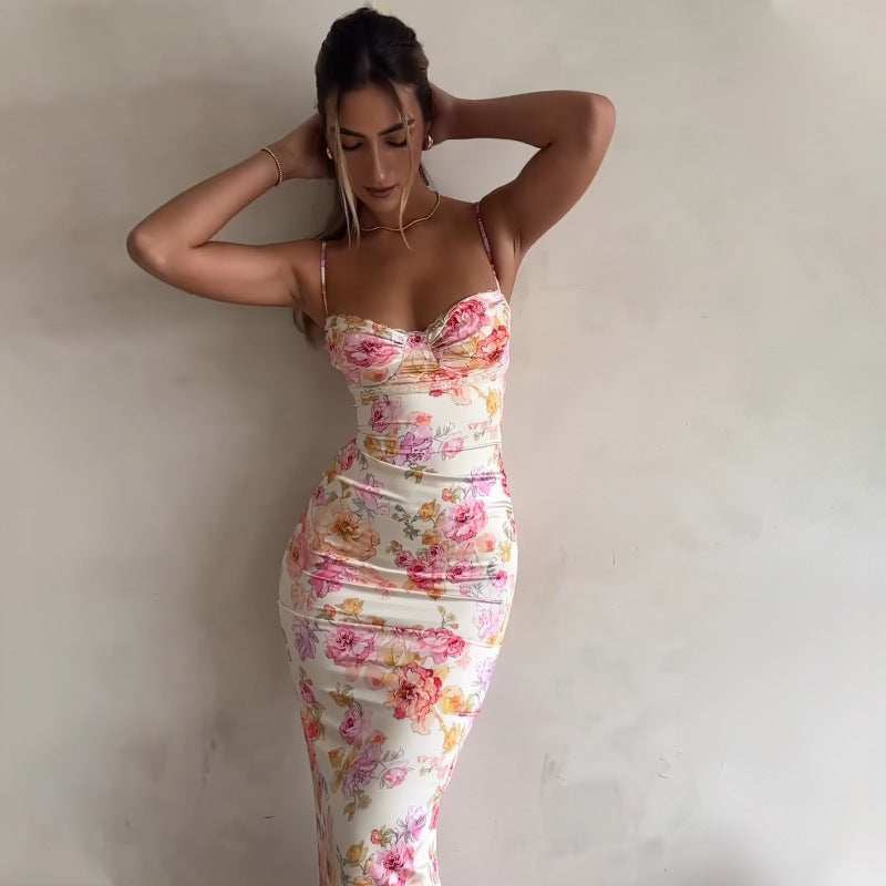 A vacation halter Dress with floral prints, a chest-showing dress, and a stylish long dress for women