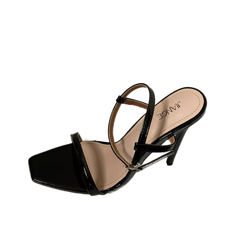  one line buckle long square head high heels women's shoes