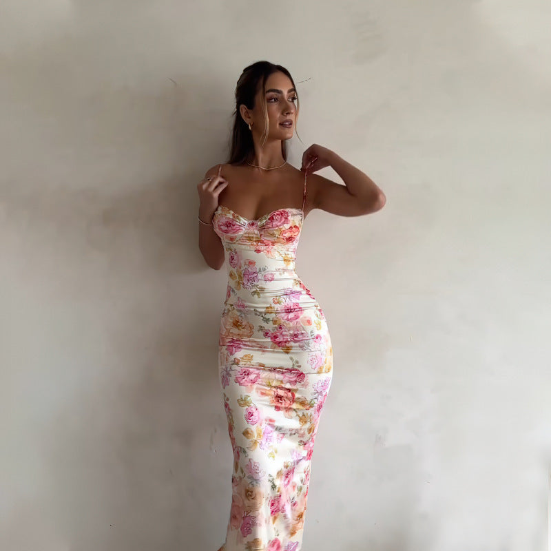 A vacation halter Dress with floral prints, a chest-showing dress, and a stylish long dress for women