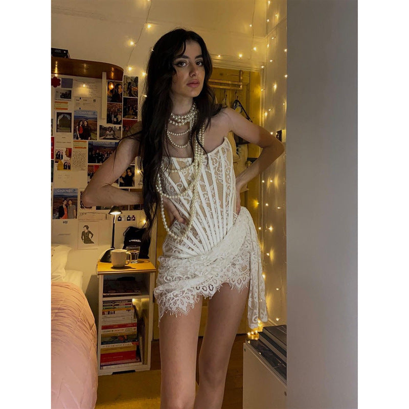 Sexy lace see-through fishbone waist strapless dress