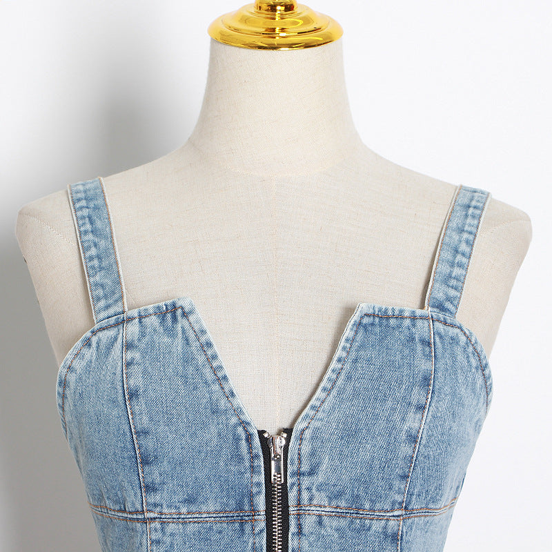 Spring new niche design sense color matching denim waist slimming waistcoat halter top