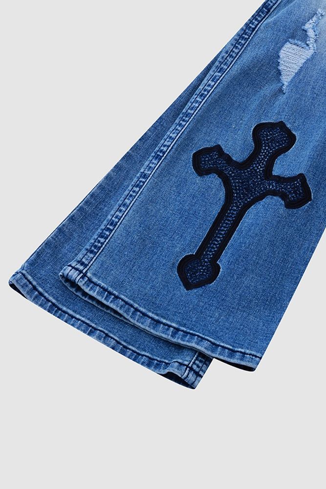 Rocker chick jeans Cross Embroidery Ripped Low Rise Bootcut Jeans