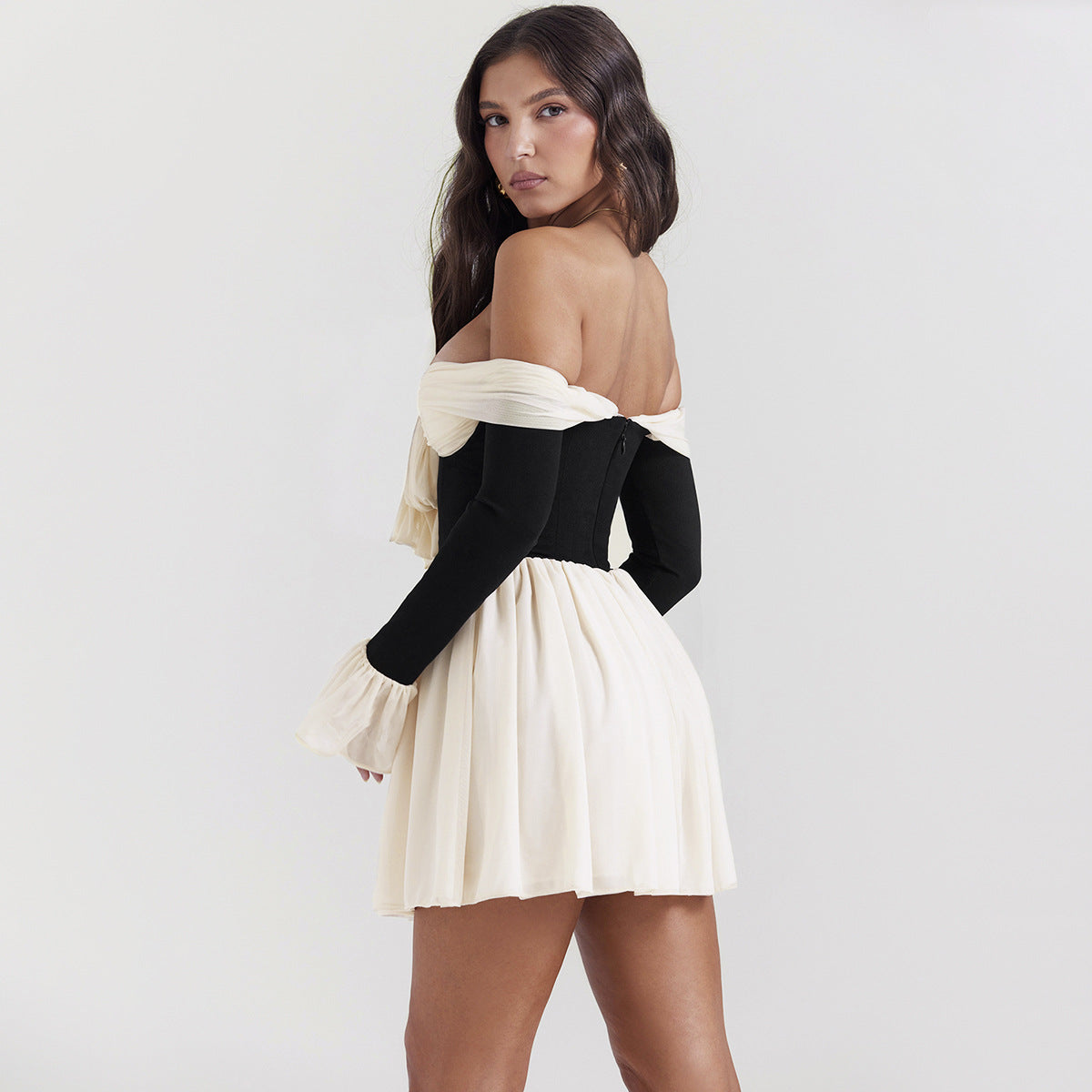 Fashion design sense bow one-line shoulder long sleeve dress women's mesh stitching sexy halter skirt
