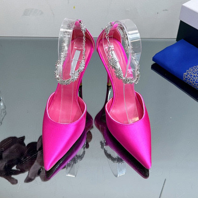 Spring and summer new satin pointy high heels with hollow line with diamond chain fashion women's sandals