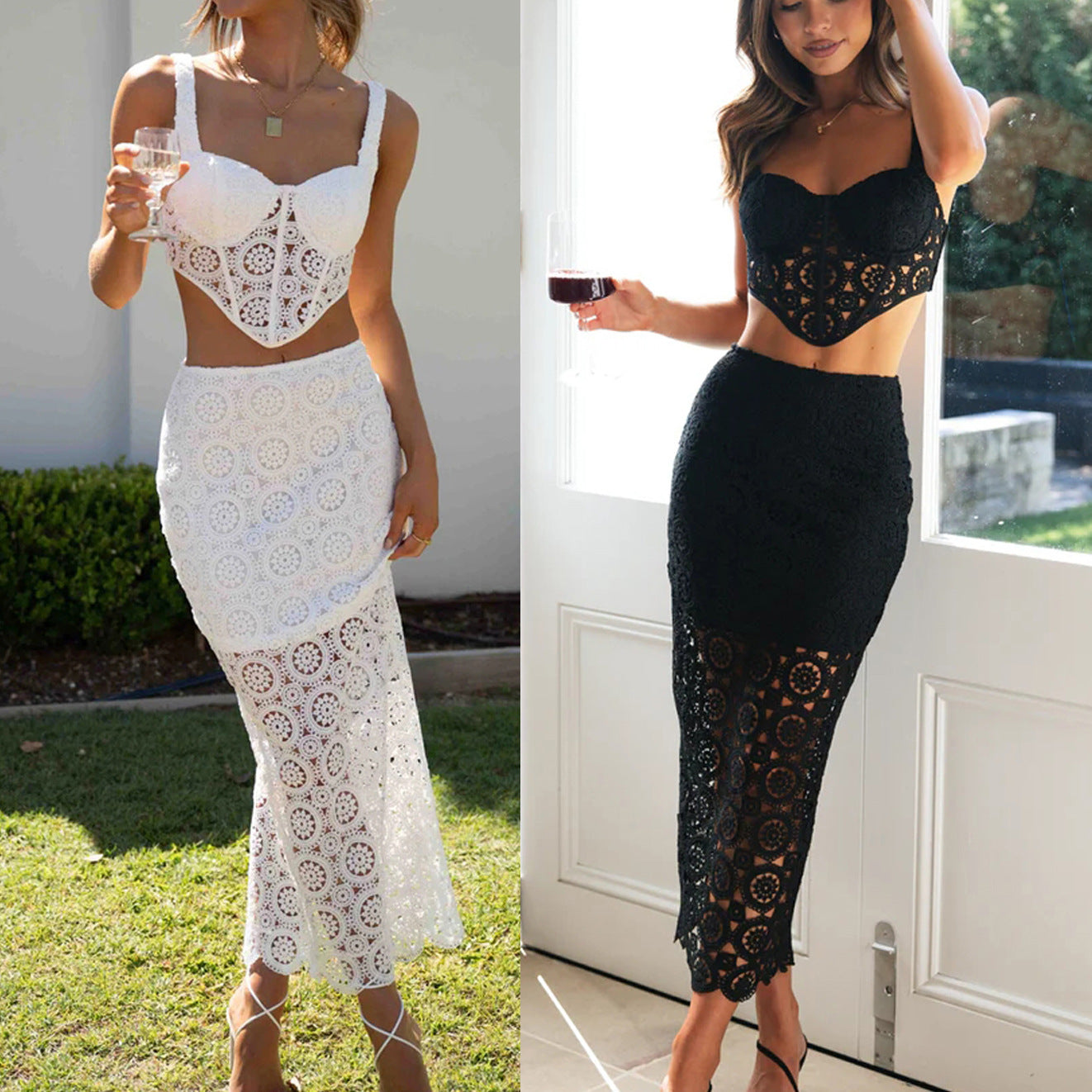 Spring/summer lace halter sleeveless dress set Casual holiday fashion zipper two-piece set