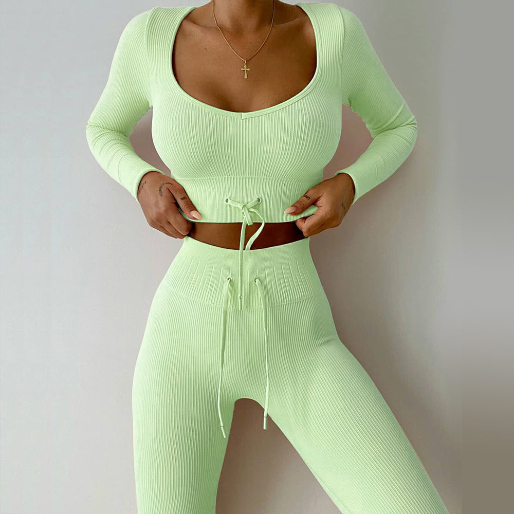 seamless knit long sleeve sports fitness set Outdoor waist strap yoga wear set