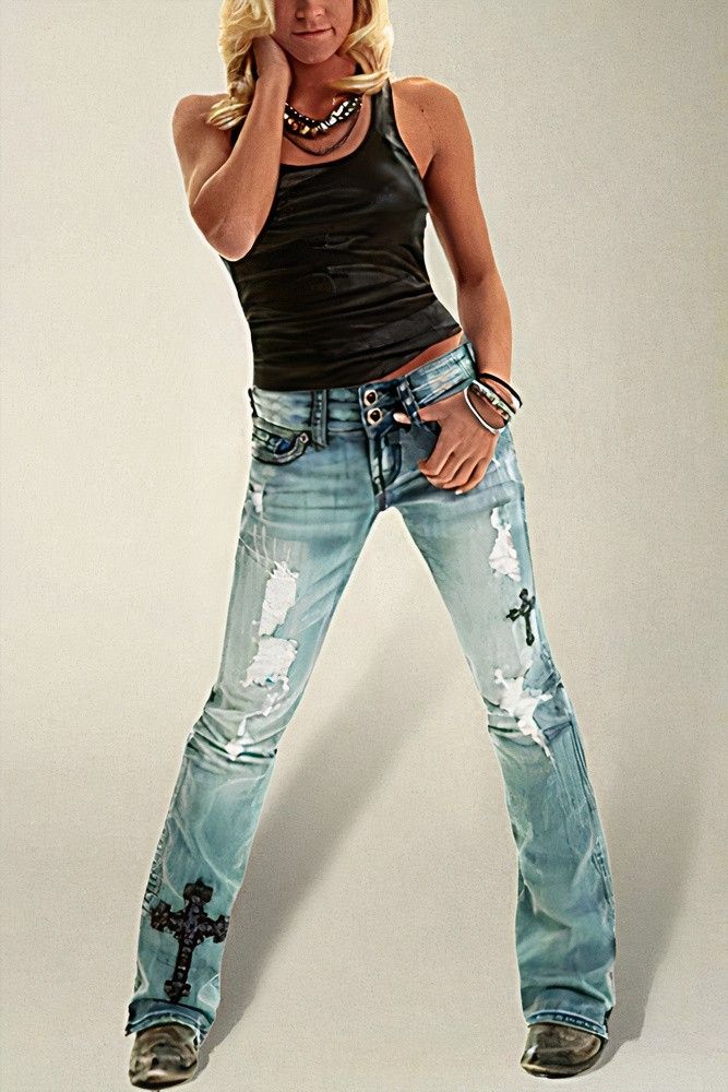 Rocker chick jeans Cross Embroidery Ripped Low Rise Bootcut Jeans