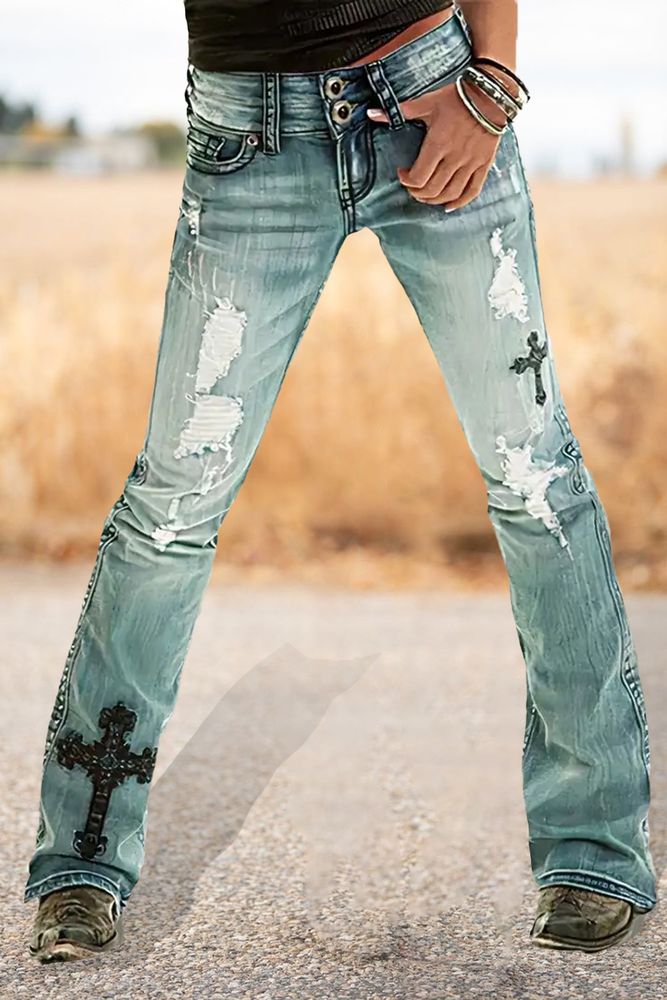 Rocker chick jeans Cross Embroidery Ripped Low Rise Bootcut Jeans