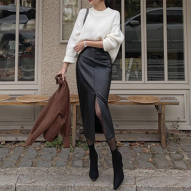 Slit leather skirt autumn and winter new high-waisted royal sister wrapped hip skirt all temperament one step long