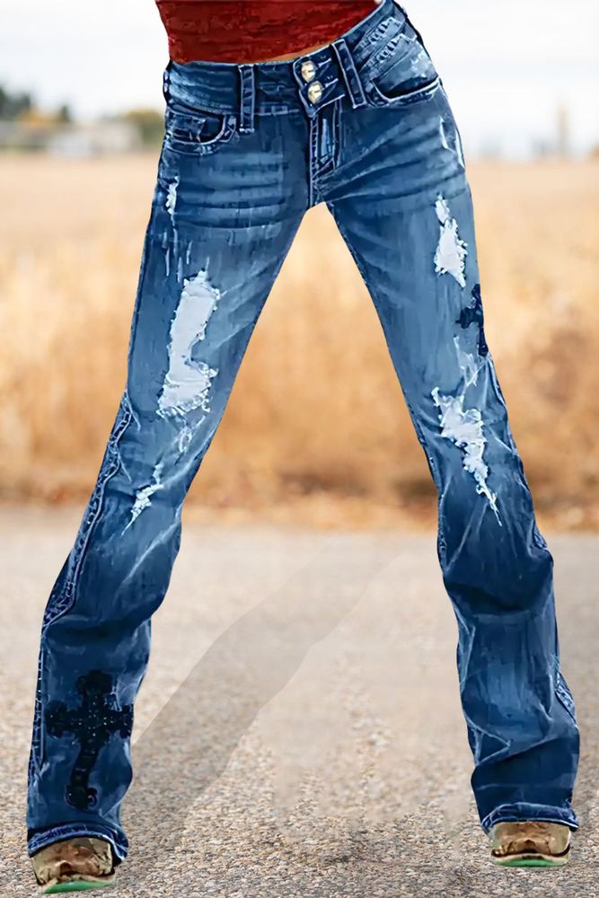 Rocker chick jeans Cross Embroidery Ripped Low Rise Bootcut Jeans