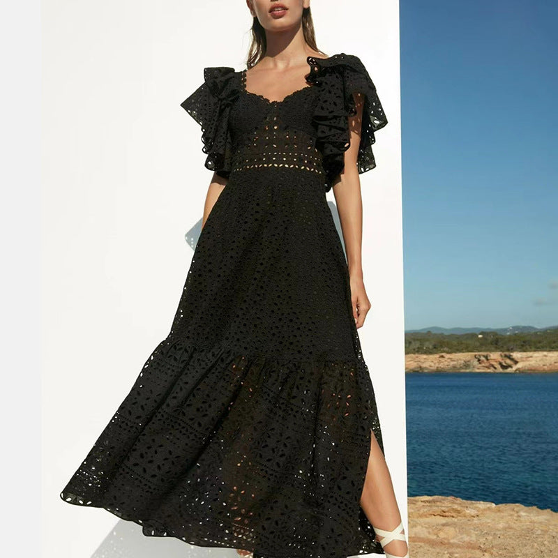 Hepburn style skirt, crocheted lace square collar flying sleeve long slit dress