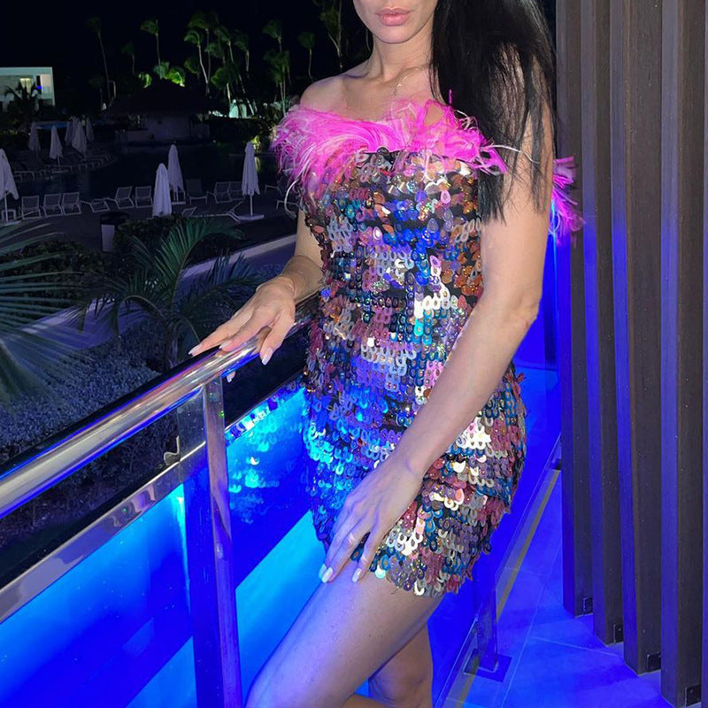 sequin feather strapless small dress