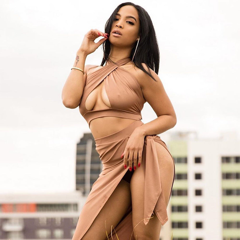 European and American cross-border foreign trade women's two-piece sexy hollow design hanging neck vest slit skirt set