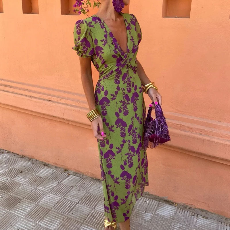 Women's fashion color printed long dress elegant slim V-neck short-sleeve