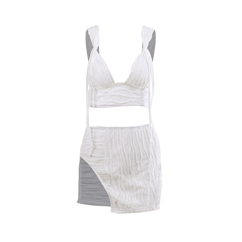 Jacquard knit suit European sexy slit halter skirt