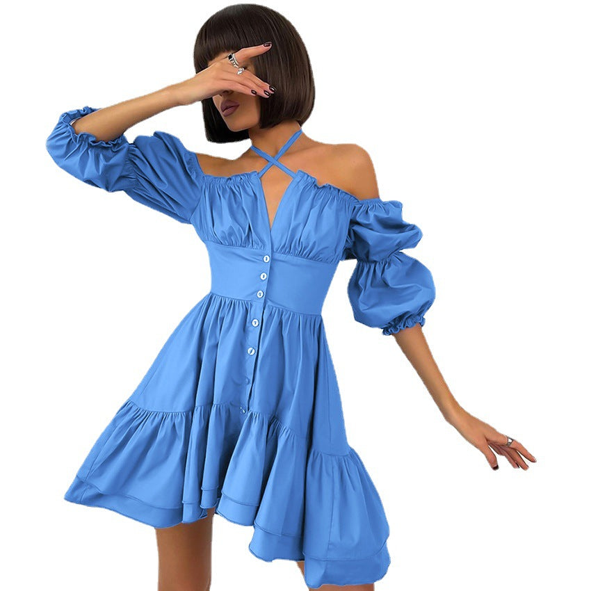 Halter-neck square collar bubble sleeve summer dress