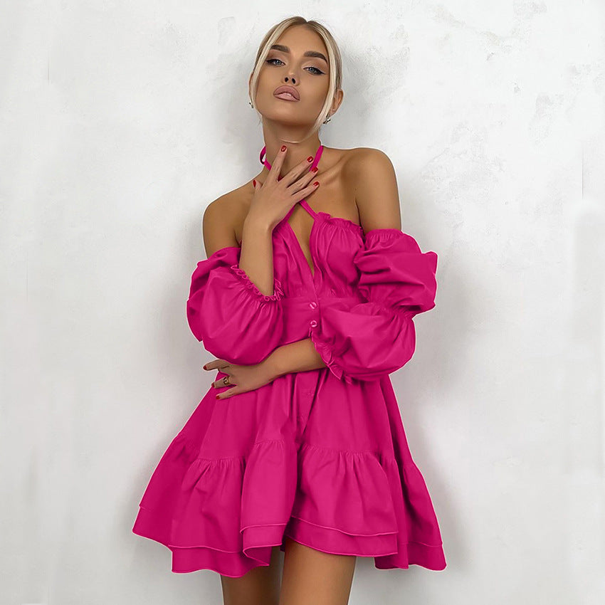 Halter-neck square collar bubble sleeve summer dress