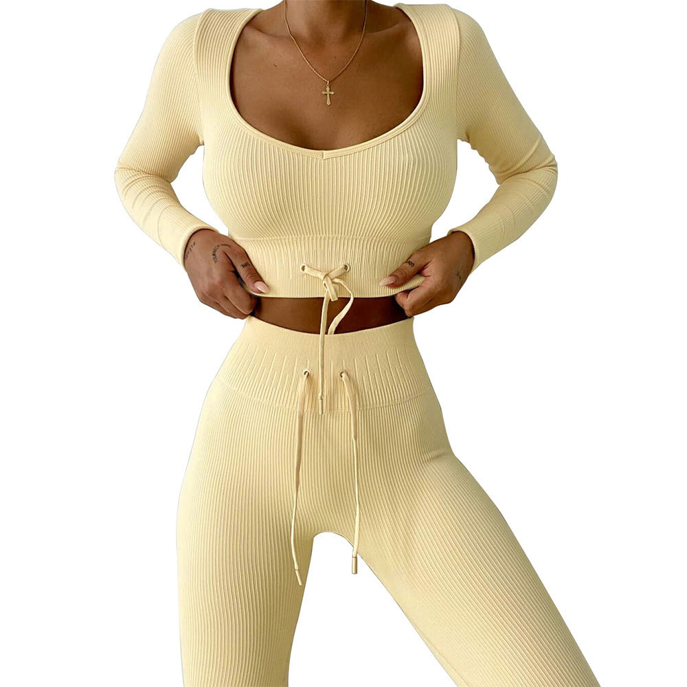 seamless knit long sleeve sports fitness set Outdoor waist strap yoga wear set