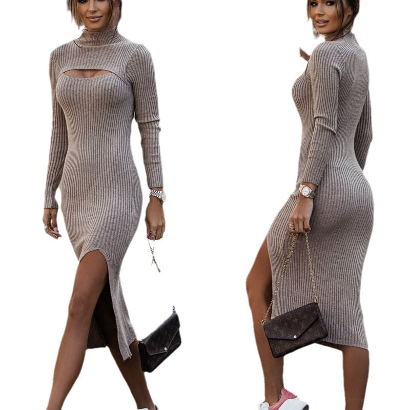 new women's solid color hollowing slit dress long