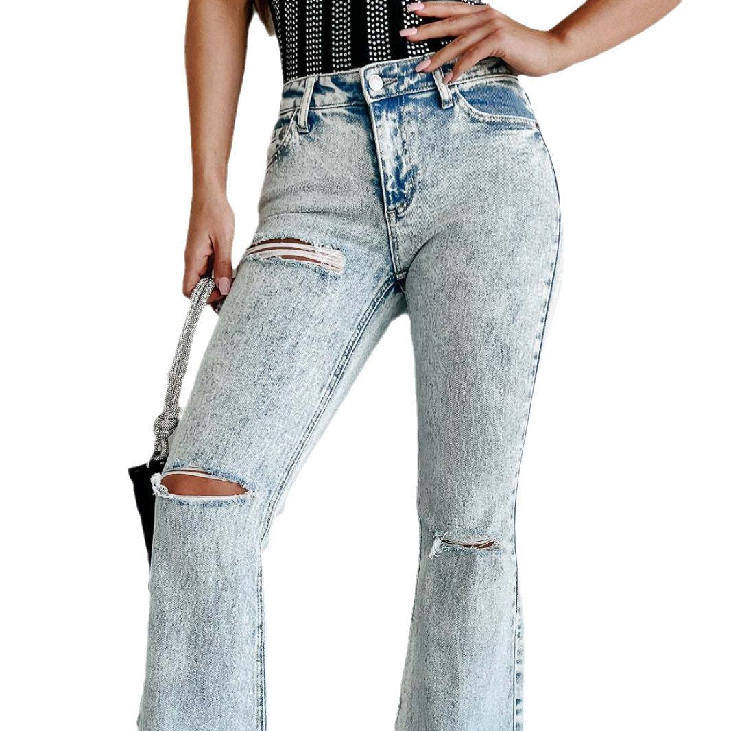 new wash denim high waist ripped fringe jeans woman