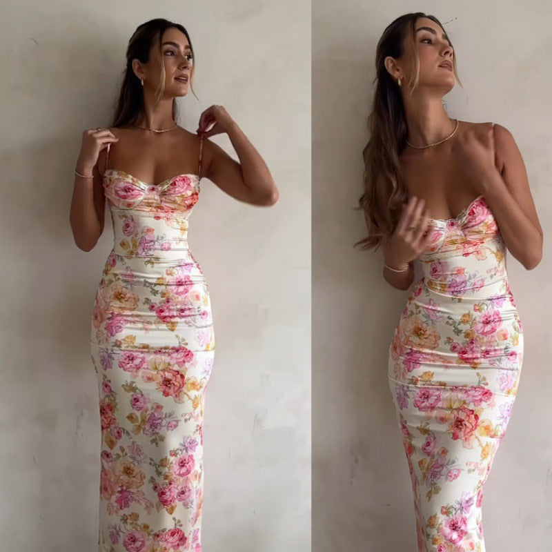 A vacation halter Dress with floral prints, a chest-showing dress, and a stylish long dress for women