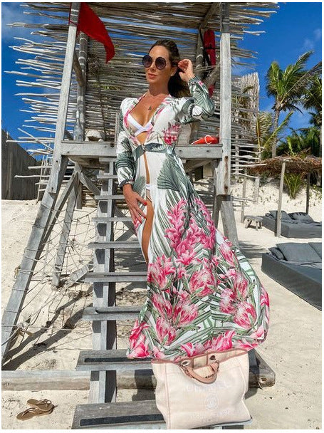 2024 Women Deep V Neck Print Cover-ups Summer Beach Wear Sexy Elegant Female Summer Strap Dress Casual