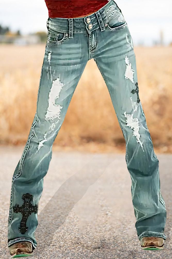 Rocker chick jeans Cross Embroidery Ripped Low Rise Bootcut Jeans