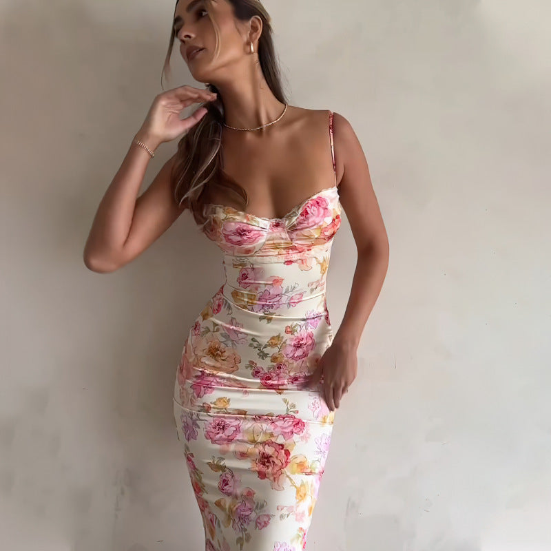 A vacation halter Dress with floral prints, a chest-showing dress, and a stylish long dress for women