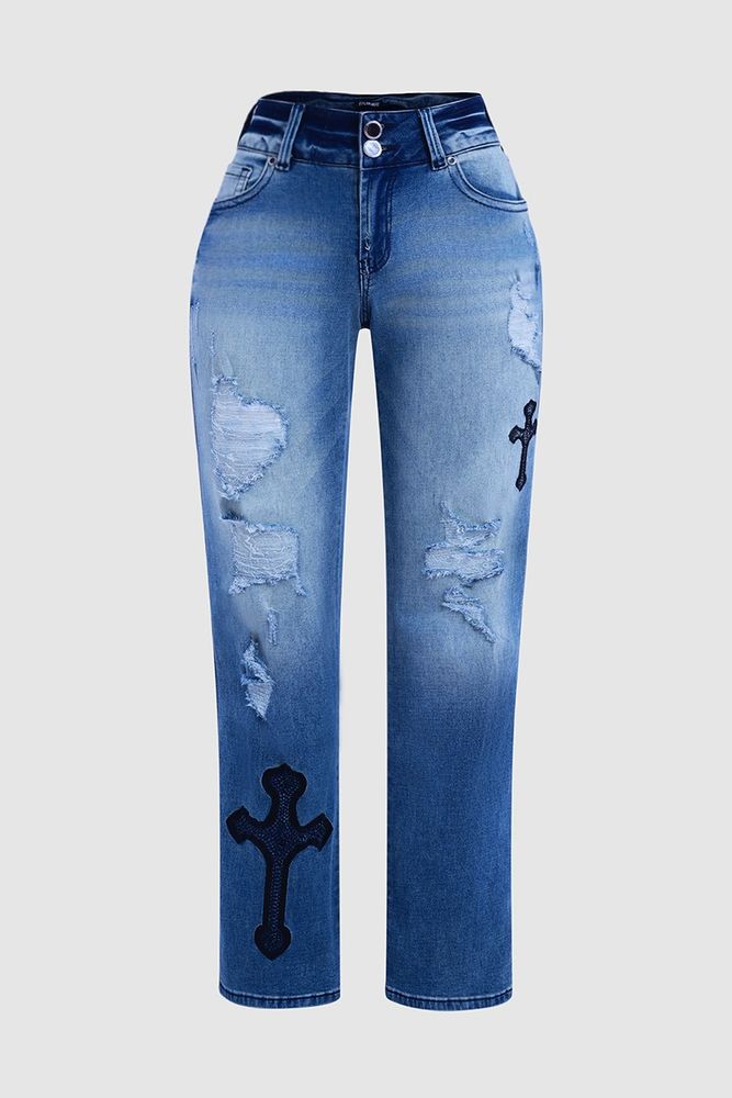 Rocker chick jeans Cross Embroidery Ripped Low Rise Bootcut Jeans