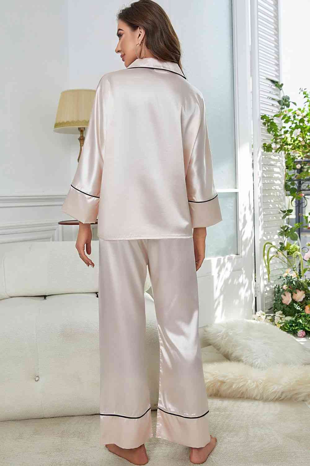 Pipped Button-Up Top and Pants Pajama Set